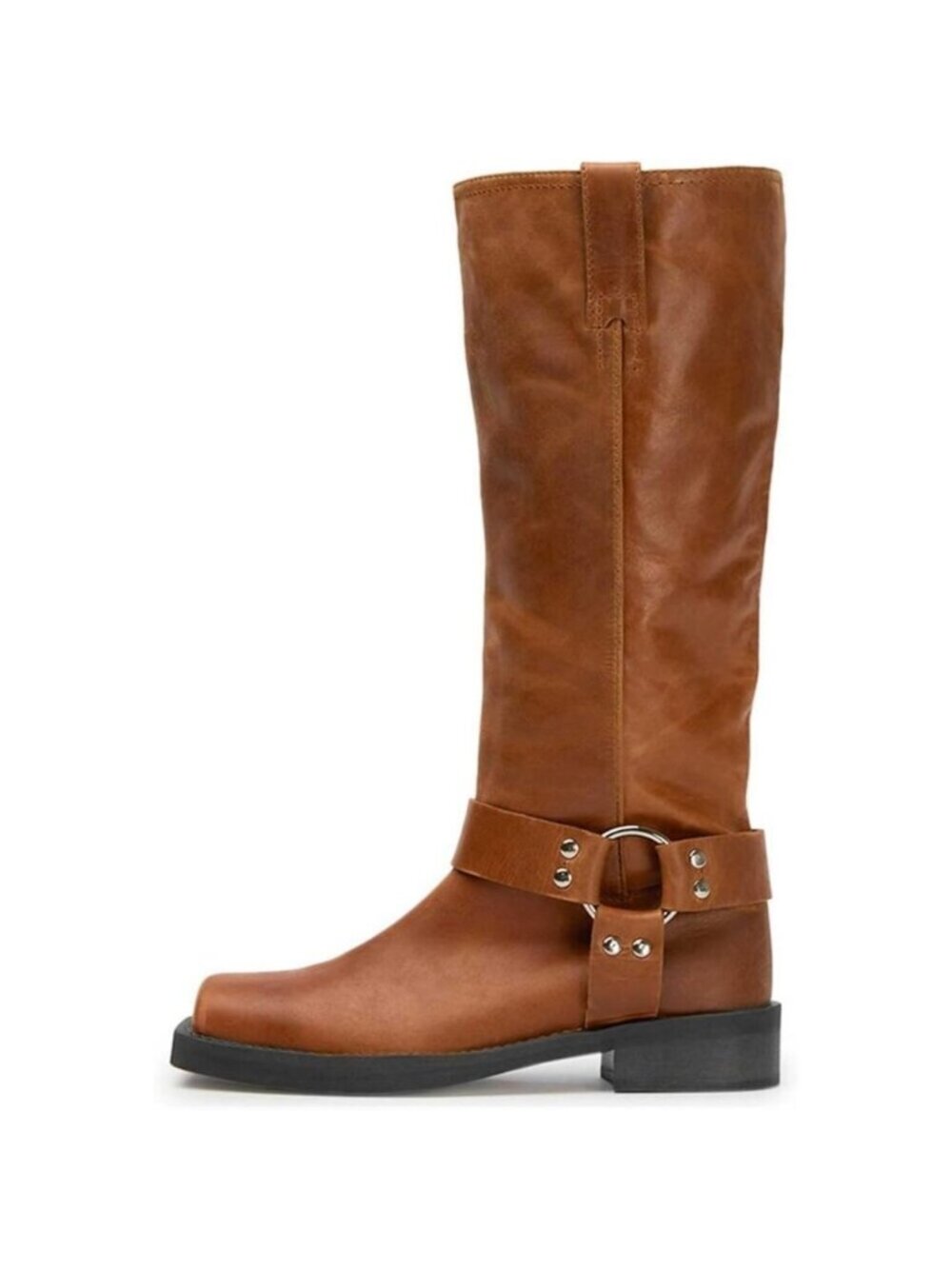 Women's Brown Knee High Boots Slip On Riding Boots With Buckle Sexy Squared Toe